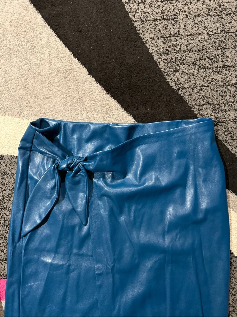 Blue Faux Leather Midi Skirt with Front Tie - Picture 2 of 3
